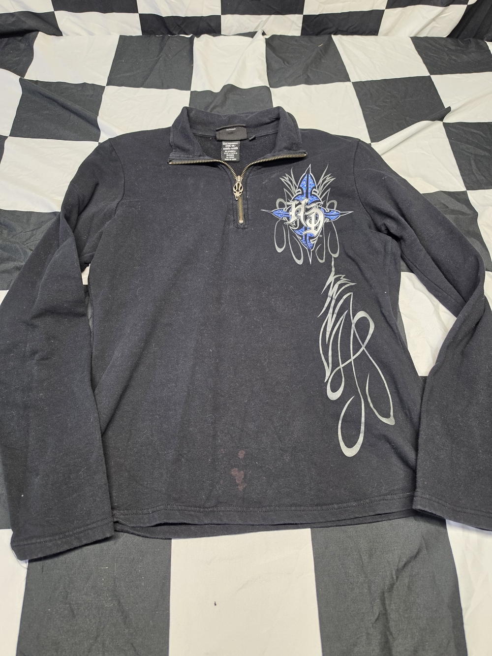 Harley-Davidson Black Quarter-Zip Pullover with Blue and Gray Graphic Accents